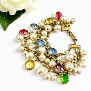 Vintage 3-Strand Bevel Stone & Pearl Bracelet
